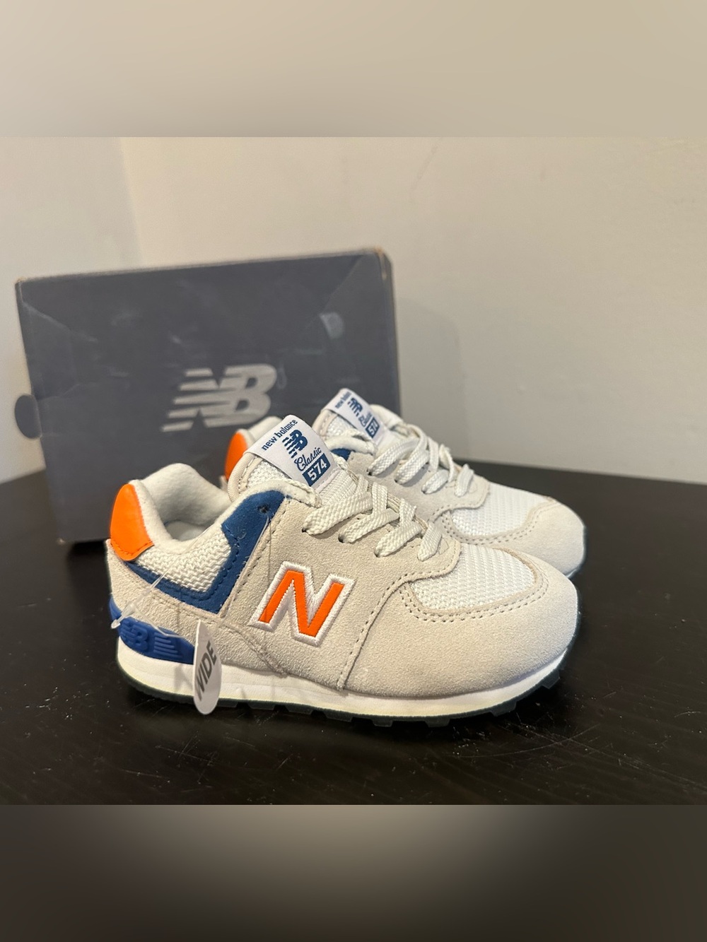 New Balance Kids Light Gray Sneakers with Orange & Blue Accents